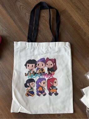 Cute k Pop Cartoon Character Canvas Tote - White with Black Handles